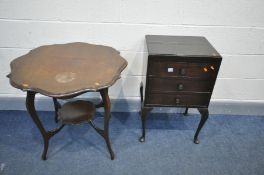 A STAINED BEECH THREE DRAWER MUSIC CABINET, on cabriole legs, along with a walnut centre table (2)