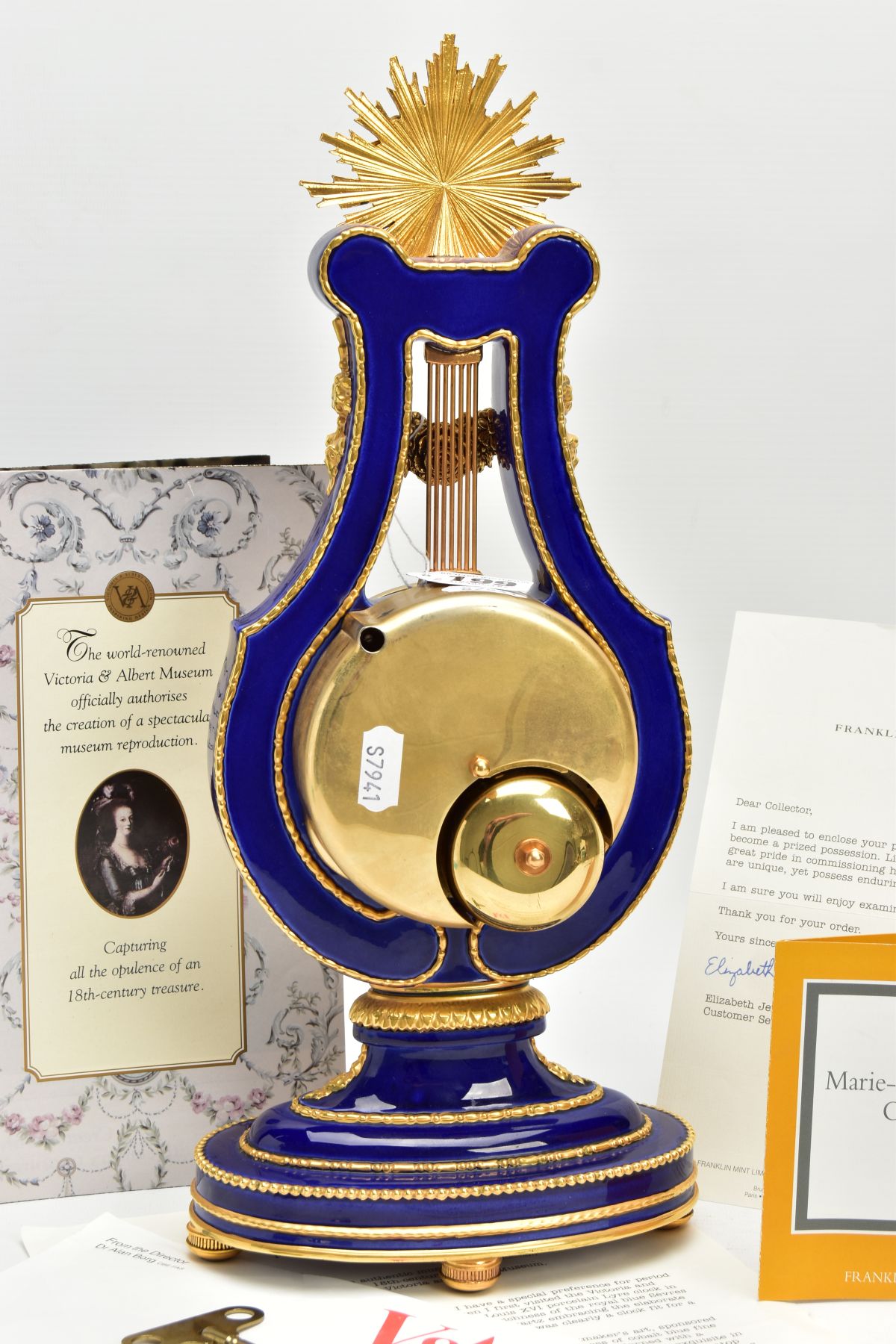 A MARIE-ANTIONETTE PORCELAIN CLOCK, a Victoria and Albert museum repoduction mantle clock, cobalt - Image 6 of 6