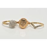 THREE 9CT GOLD RINGS, the first a single cut diamond detailed cluster ring, stamped diamond weight