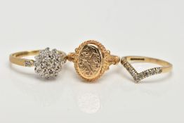 THREE 9CT GOLD RINGS, the first a single cut diamond detailed cluster ring, stamped diamond weight
