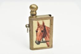 A NOVELTY WHITE METAL SNUFF, of a rectangular form, decorated with an enamel horse head, together