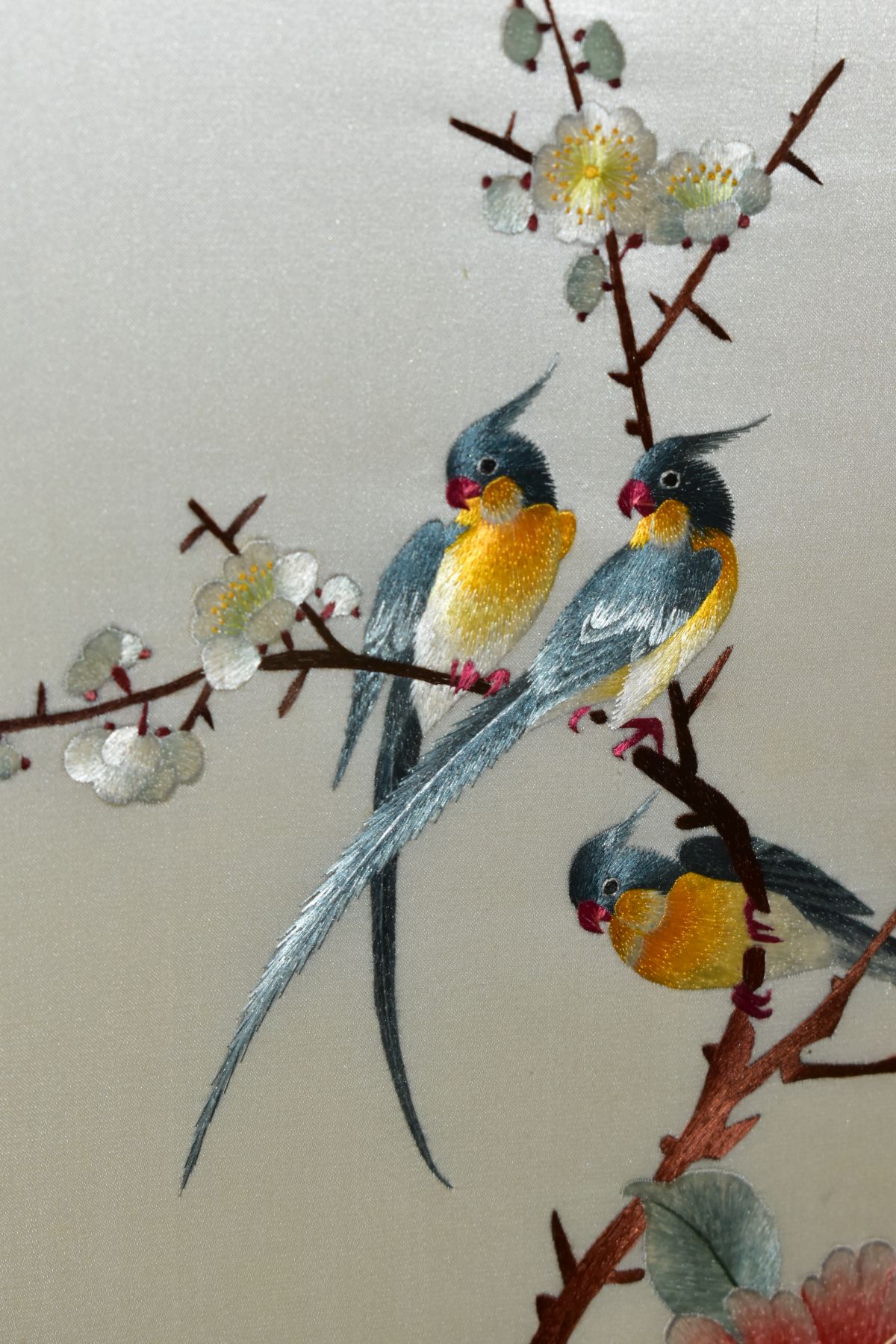 THREE CHINESE SILK EMBROIDERY PICTURES, depicting exotic birds, cranes, ducks and flowers, signed - Image 5 of 9