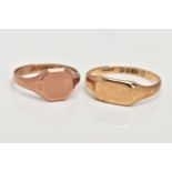 TWO 9CT GOLD SIGNET RINGS, a late Victorian rose gold octogen shaped signet ring, leading on to