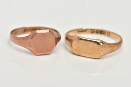 TWO 9CT GOLD SIGNET RINGS, a late Victorian rose gold octogen shaped signet ring, leading on to