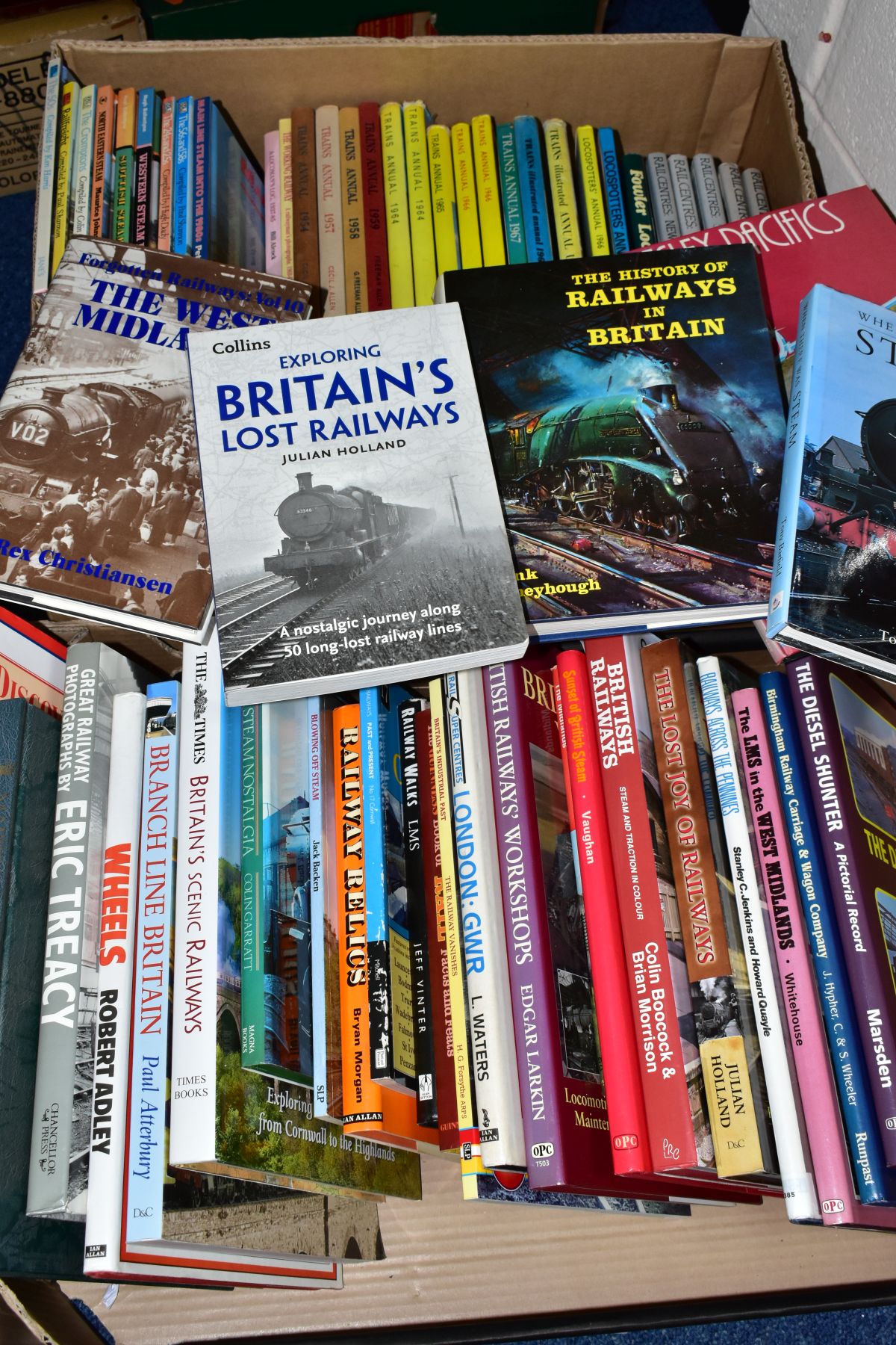 TWO BOXES OF RAILWAY RELATED HARDBACK AND PAPERBACK BOOKS, approximately sixty titles, including