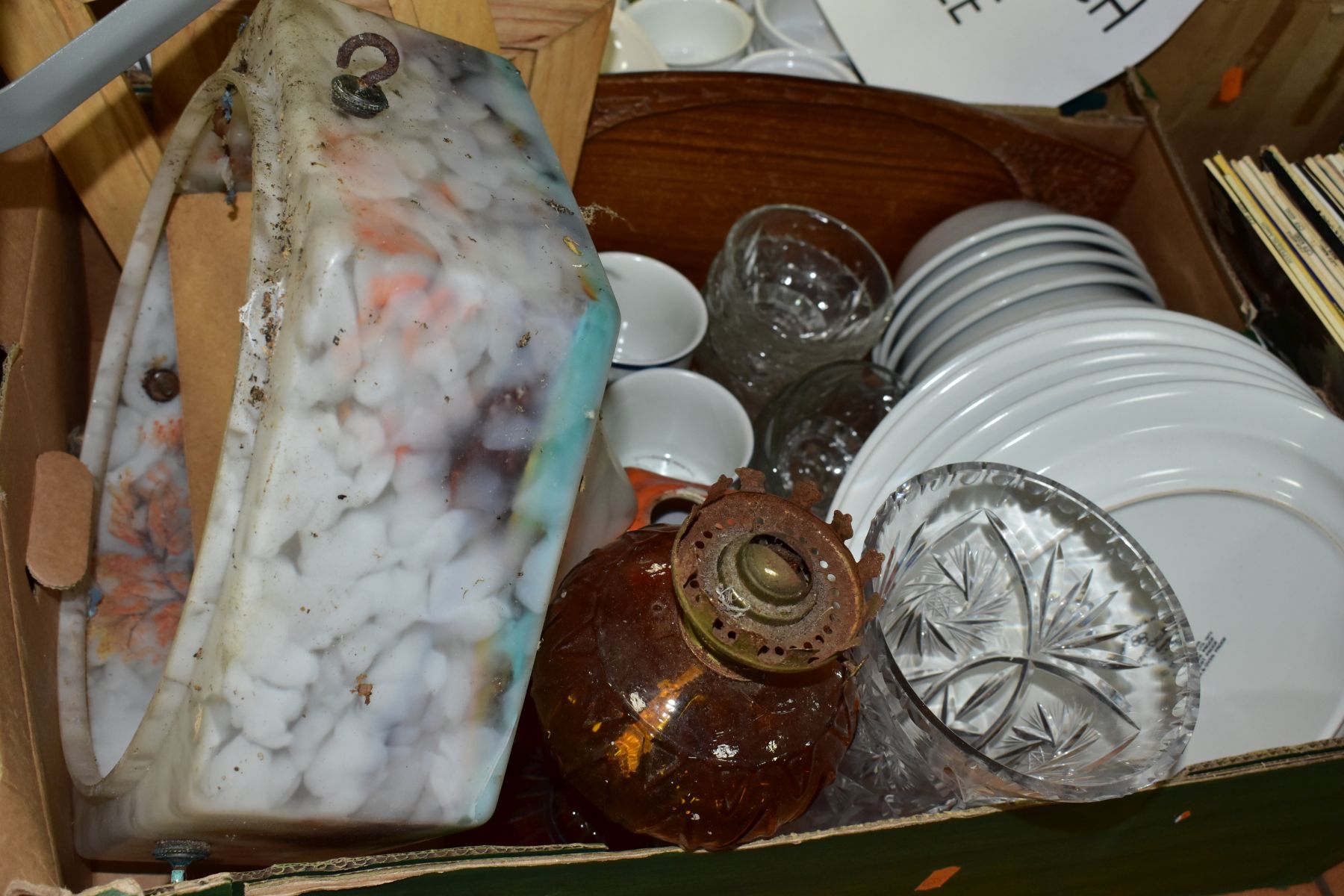 FOUR BOXES OF CERAMICS, GLASS AND LP RECORDS ETC, to include twelve Royal Doulton 'Sarabande' dinner - Image 6 of 7