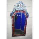 A 20TH CENTURY VENETIAN STYLE WALL MIRROR, the bevelled plate surrounded by a red panelled border