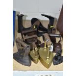 TWO COBBLER'S LASTS, SIX CAST IRON FLAT IRONS AND TWO REPLICA BRASS BOX IRONS WITH SLUGS, one flat