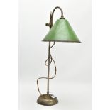 AN EARLY 20TH CENTURY INDUSTRIAL DESK LAMP, the height adjustable green enamel shade, on a shaped