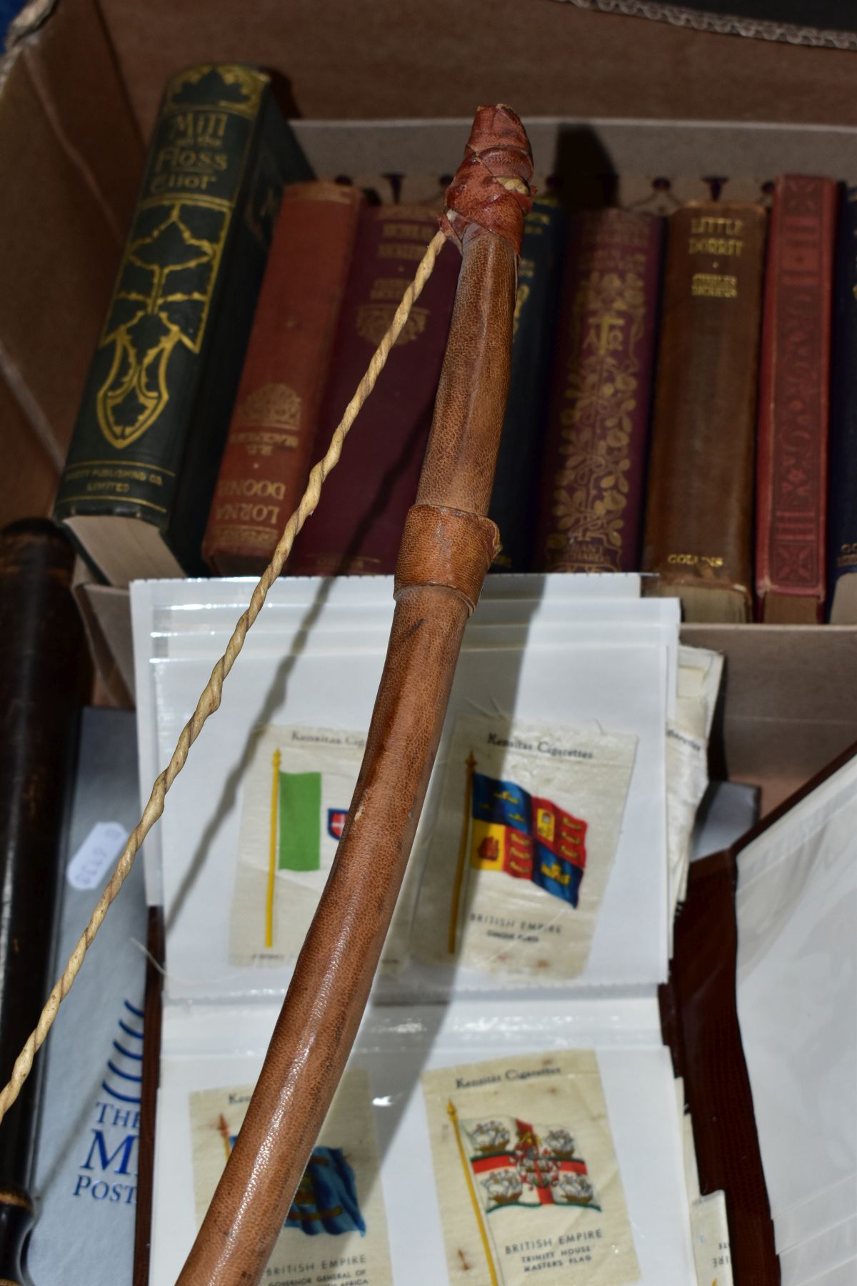 A BOX OF CHARLES DICKENS AND OTHER BOOKS, A TURNED WOODEN TRUNCHEONS, THREE ROLLED ORDER OF - Image 3 of 9