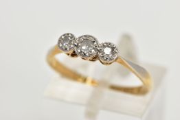 AN 18CT GOLD THREE STONE DIAMOND RING, three old cut diamonds set in a platinum illusion setting,