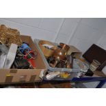 TWO BOXES AND LOOSE METALWARE, COLLECTABLES, CHRISTMAS THEMED ITEMS, ETC, including fifty three