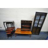 A QUANTITY OF LOUNGE FURNITURE, comprising a mahogany lead glazed corner cupboard, small