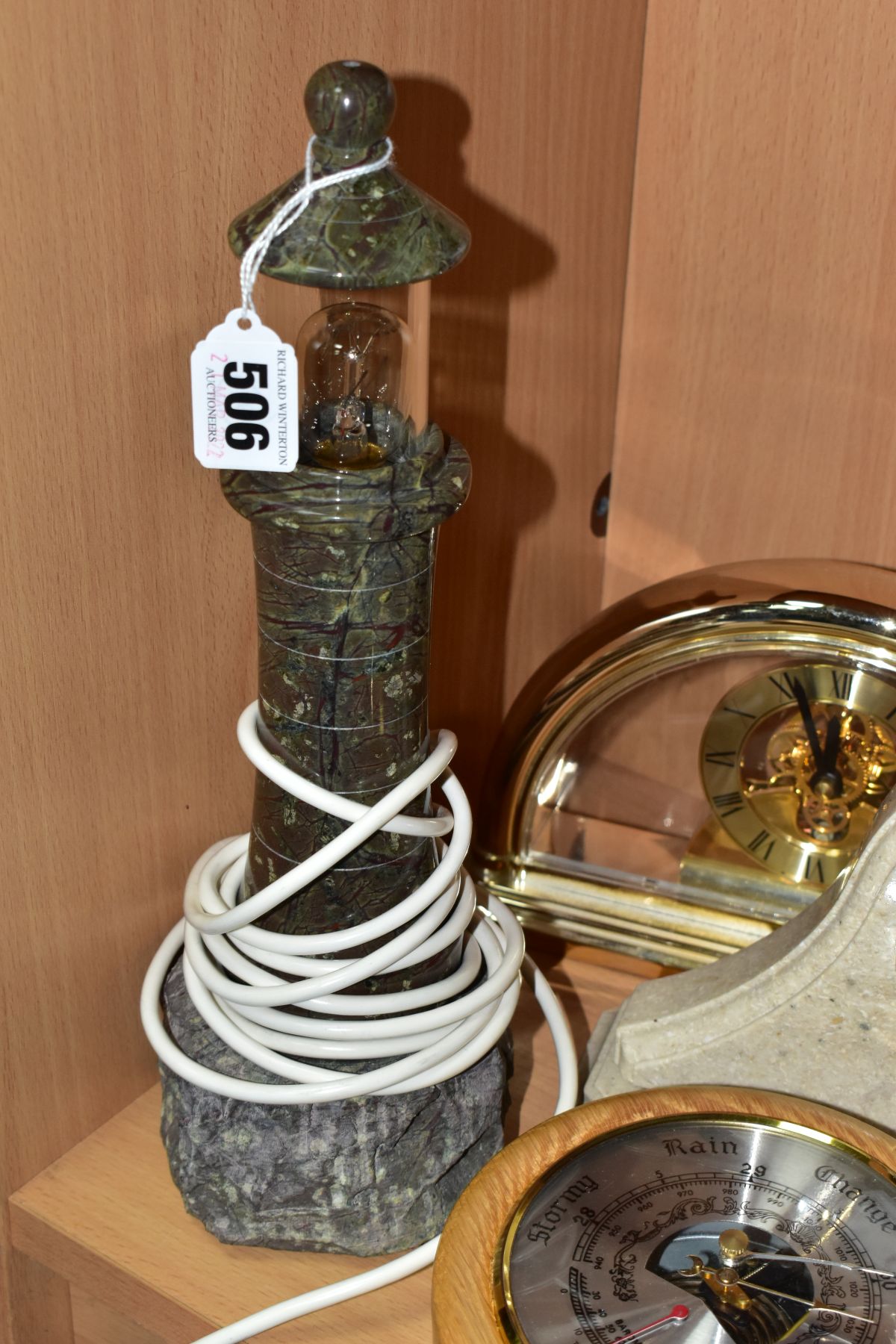 A GRANITE LAMP IN THE FORM OF A LIGHTHOUSE, approximate height 31cm, together with an oak cased - Image 5 of 6