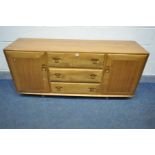 AN ERCOL WINDSOR BLONDE ELM SIDEBOARD, model 455, with double cupboard doors flanking three drawers,