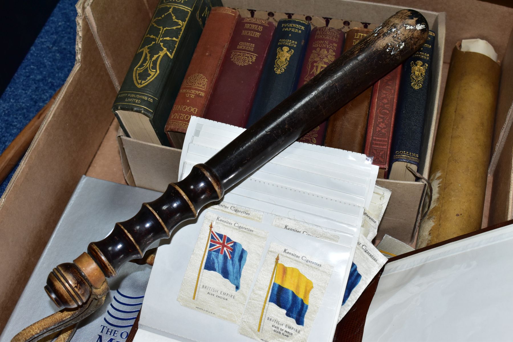 A BOX OF CHARLES DICKENS AND OTHER BOOKS, A TURNED WOODEN TRUNCHEONS, THREE ROLLED ORDER OF - Image 5 of 9