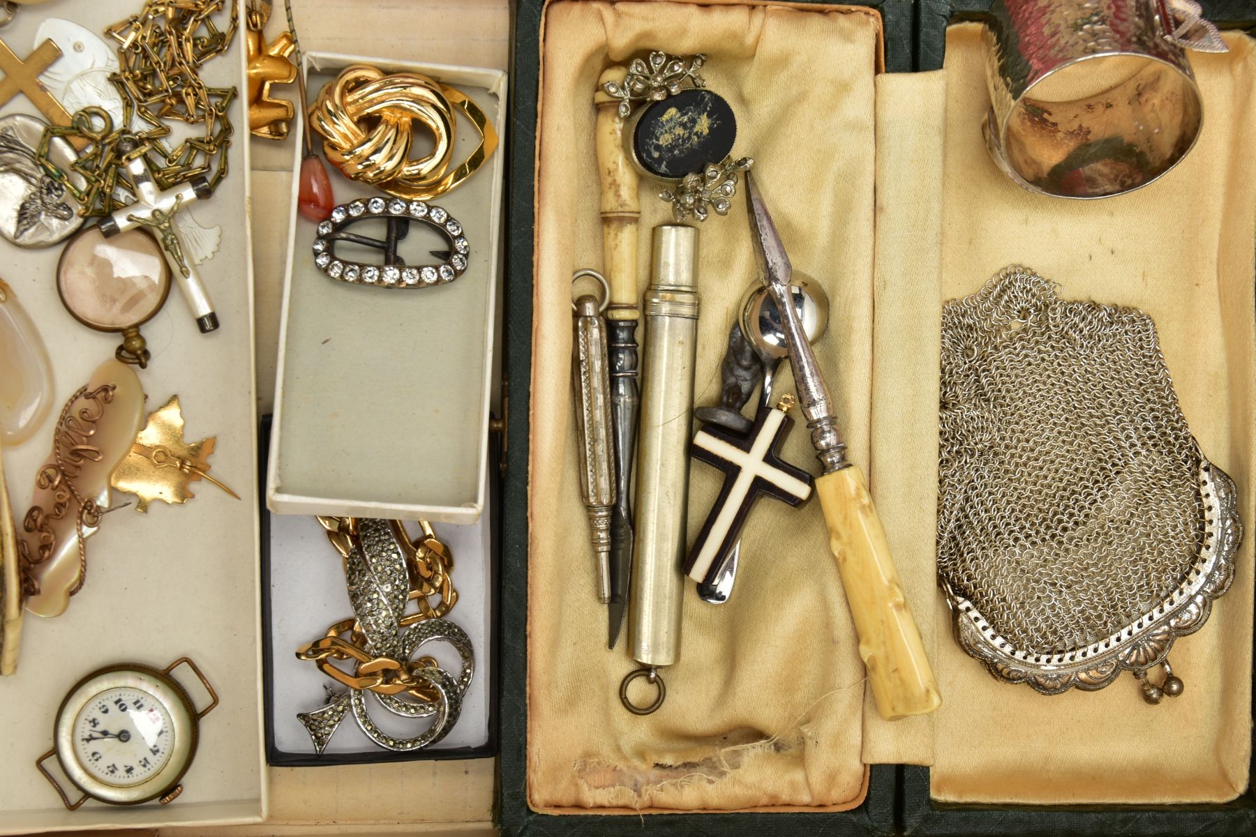 A BOX OF ASSORTED COSTUME JEWELLERY, to include a carnelian pin, a mother of pearl early 20th - Image 2 of 4