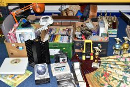 FIVE BOXES AND LOOSE LAMPS, VIDEOS, CASSETTE TAPES, TROPHIES AND SUNDRY ITEMS, to include a