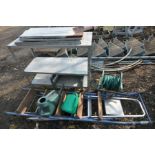 A GALVANISED POTTING SHELF, and some loose shelving, along with two step ladders, hose reel, two