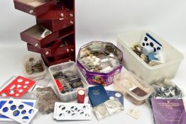 A LARGE AND HEAVY BOX CONTAINING WORLD COINS, to include coins with silver content, a ten-drawer