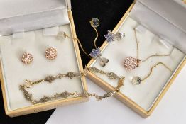 A 9CT GOLD BRACELET, A PENDANT NECKLACE AND EARRING SET WITH OTHERS, the line bracelet designed with