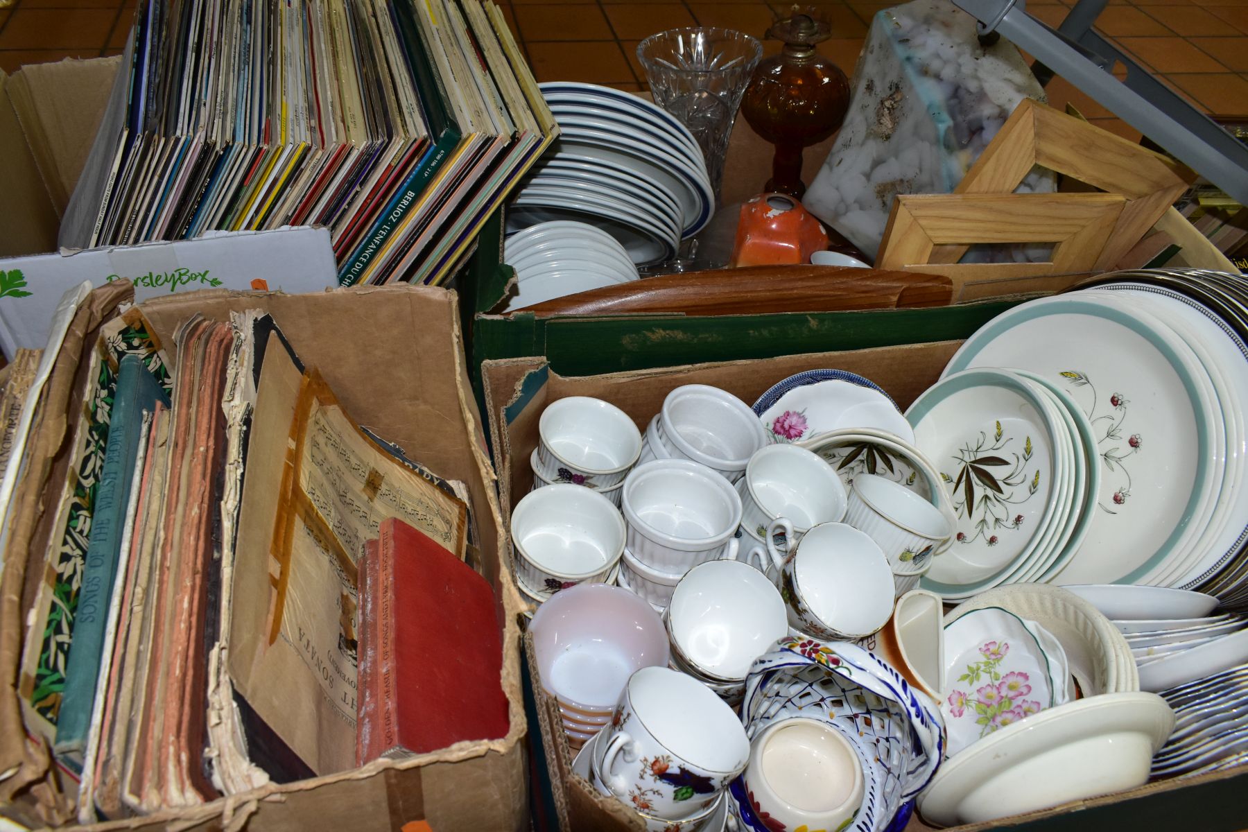 FOUR BOXES OF CERAMICS, GLASS AND LP RECORDS ETC, to include twelve Royal Doulton 'Sarabande' dinner