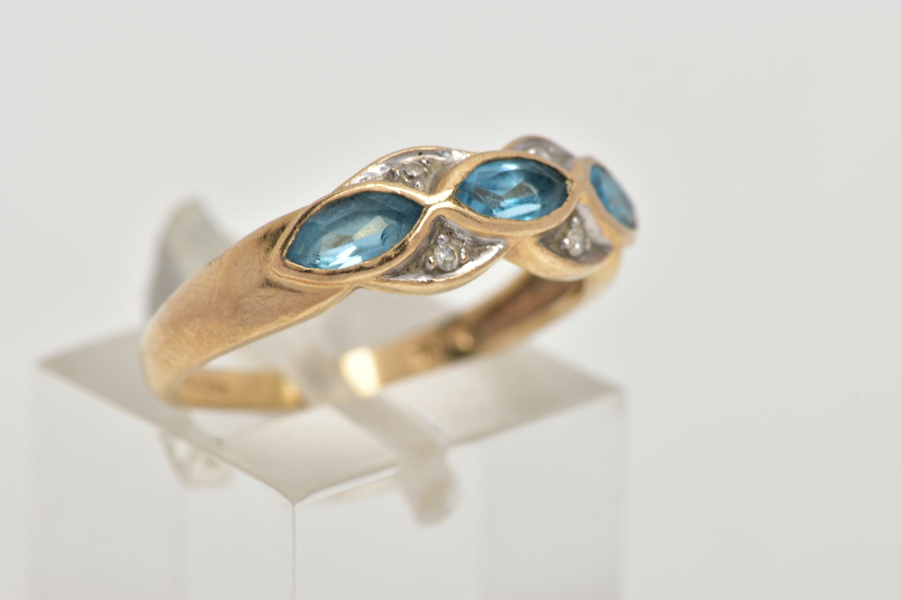 A 9CT GOLD TOPAZ AND DIAMOND RING, half eternity ring set with three marquise cut blue topaz each - Image 4 of 4