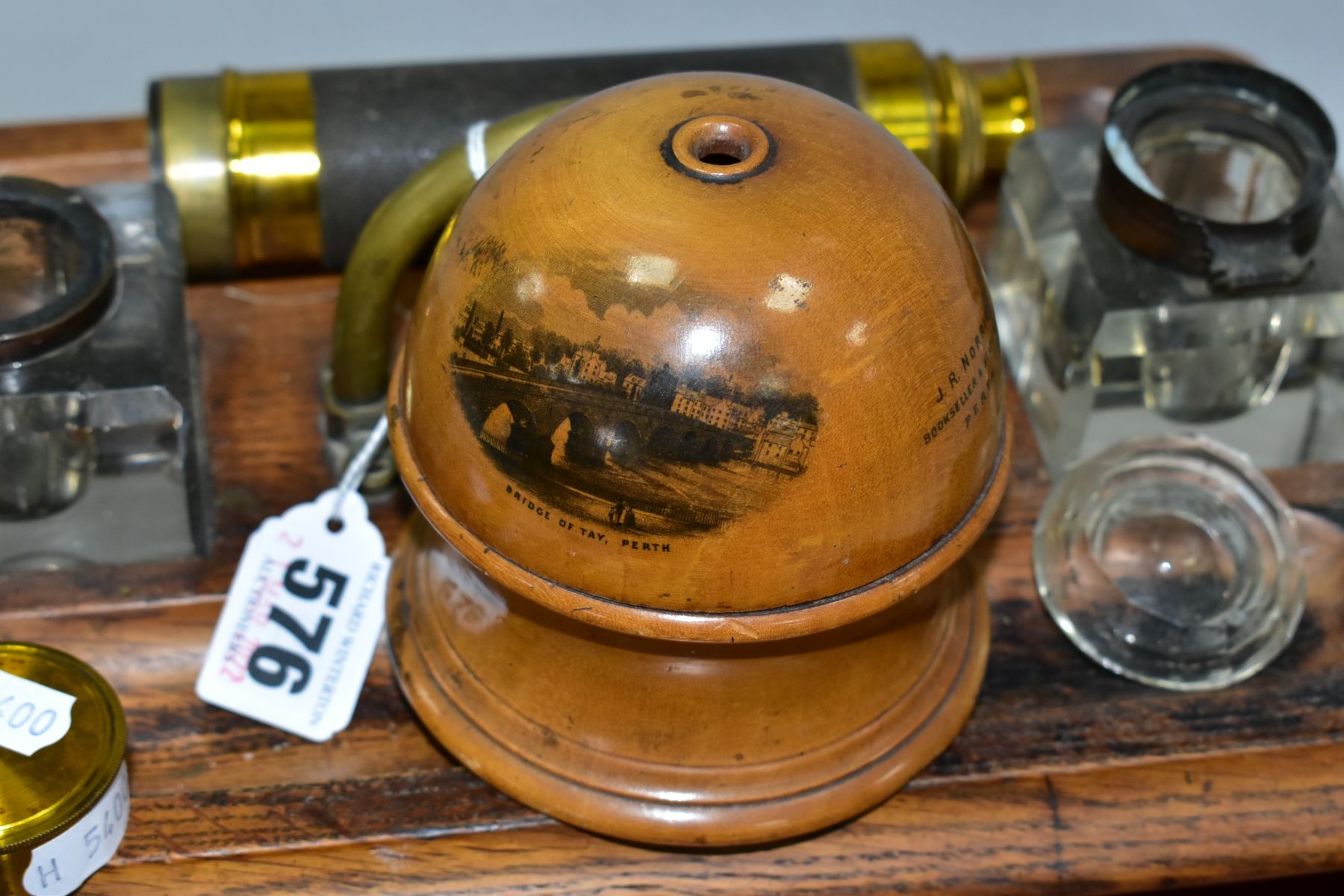 A VICTORIAN OAK INKWELL STAND WITH DRAW, together with a Mauchline ware string dispenser for J R - Image 7 of 9