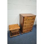 A TALL PINE CHEST OF FIVE DRAWERS, width 79cm x depth 46cm x height 111cm, and a similar bedside