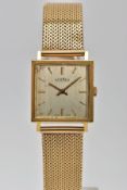 A GENTS GOLD 'ROMER' WRISTWATCH, hand wound movement, square sliver tone dial signed Romer Swiss