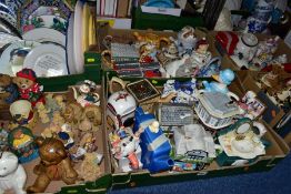 SIX BOXES OF NOVELTY TEAPOTS, DECORATIVE PLATES AND TEDDY BEAR ORNAMENTS, to include thirty mostly
