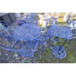 TWO BLUE PAINTED ALUMINIUM GARDEN TABLES with pierced tops (one at 85cm and 62cm in diameter