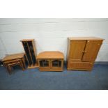 A QUANTITY OF OAK EFFECT LOUNGE FURNITURE comprising a glazed three door bookcase, width 118cm x