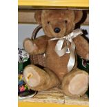A MODERN MERRYTHOUGHT TEDDY BEAR AND SUNDRY ITEMS, teddy is fully jointed with golden fur, lighter