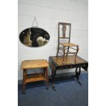 A MAHOGANY SOFA TABLE, edwardian wanlut splat back chair, mid century beech and oak tea trolley