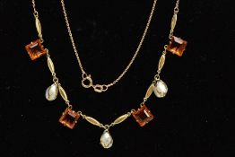 A 9CT GOLD TOPAZ AND PEARL NECKLACE, fine cable chain fitted with oval textured links interspaced
