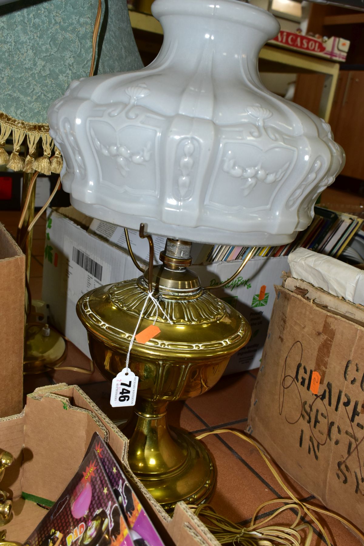 TWO BOXES AND LOOSE BRASS WARES AND SUNDRIES ETC, brass items include a oil lamp converted to - Image 4 of 8