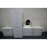 A WHITE FOUR PIECE BEDROOM SUITE, comprising of a double door wardrobe, two chest of four drawers, a