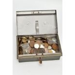 A 20CM X1 2CM STRONG BOX OF ASSORTED WORLD COINS