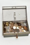 A 20CM X1 2CM STRONG BOX OF ASSORTED WORLD COINS