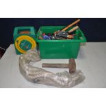 A TRAY CONTAINING HANDTOOLS including a tow rope, hammers, chisels, pruning saw and shears, etc