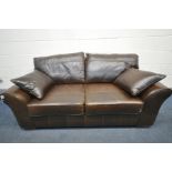 A BROWN LEATHER TWO SEATER SETTEE, length 187cm