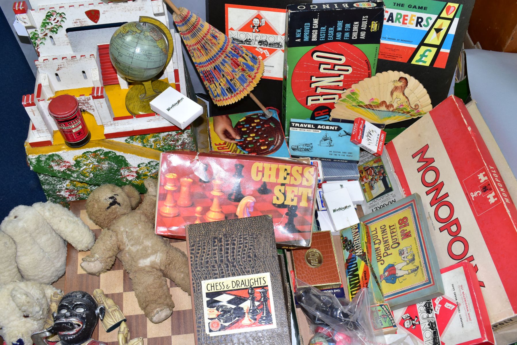 TWO BOXES OF VINTAGE TOYS AND BOARD GAMES AND A WOODEN FORT, including J & L Randall Ltd 'Colour