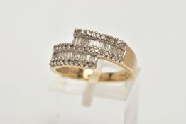 A 9CT GOLD DIAMOND DRESS RING, of a cross over design, set with rectangular cut and single cut