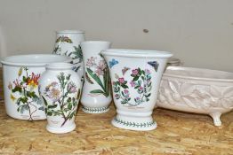 FIVE PIECES OF PORTMEIRION BOTANIC GARDEN GIFTWARES WITH TWO HOLKHAM POTTERY PLANTERS, comprising