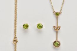 A PERIDOT AND SEED PEARL PENDANT NECKLACE AND A PAIR OF PERIDOT EARRINGS, the pendant set with two