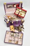 A JEWELLERY BOX AND ASSORTED COSTUME JEWELLERY ITEMS, a purple travel jewellery case together with a