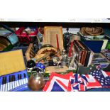 FOUR BOXES AND LOOSE LPS, CDS, WICKER BASKETS, LOOSE KITCHEN CUTLERY, METALWARE AND HOUSEHOLD