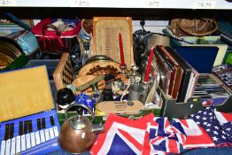 FOUR BOXES AND LOOSE LPS, CDS, WICKER BASKETS, LOOSE KITCHEN CUTLERY, METALWARE AND HOUSEHOLD