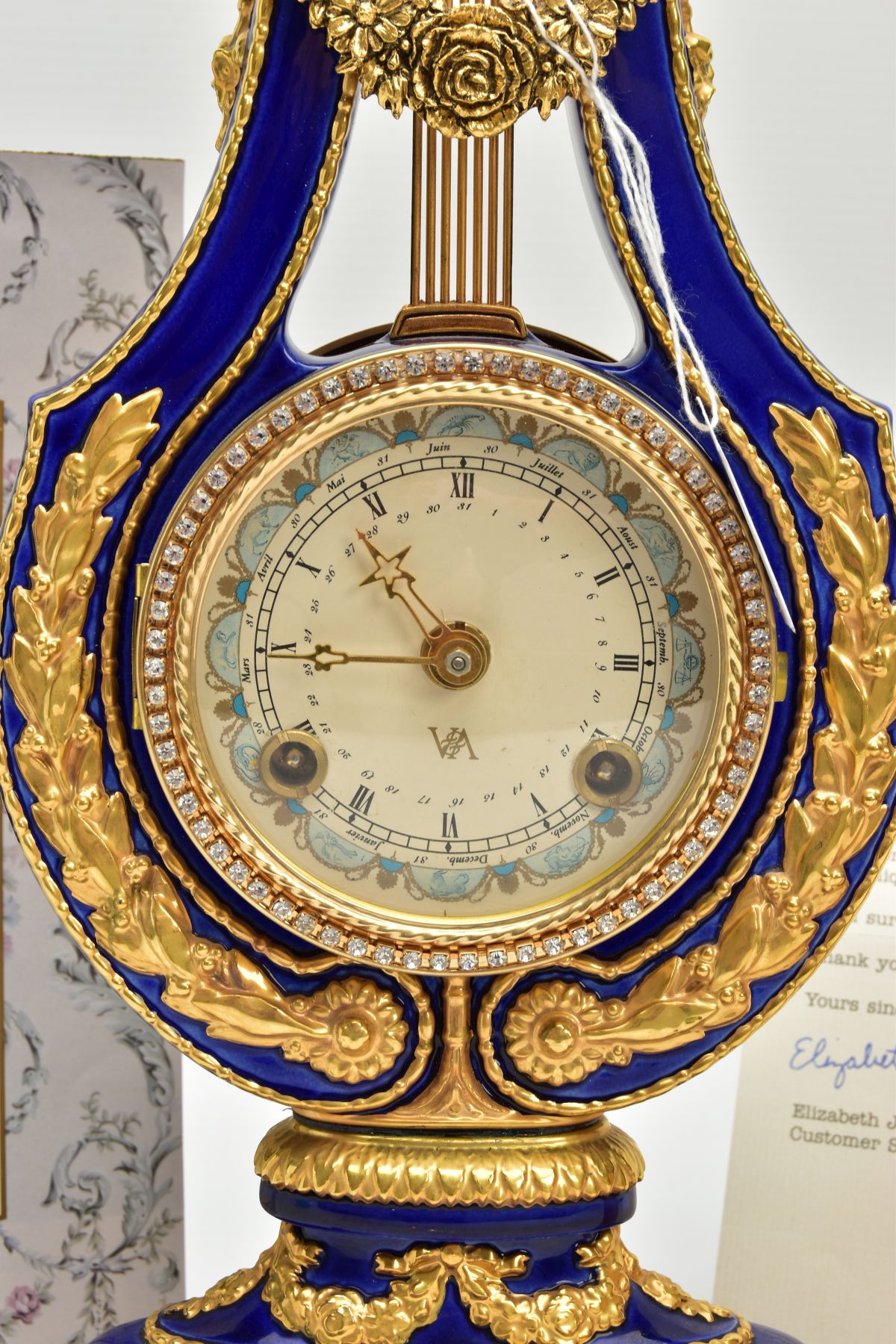 A MARIE-ANTIONETTE PORCELAIN CLOCK, a Victoria and Albert museum repoduction mantle clock, cobalt - Image 2 of 6